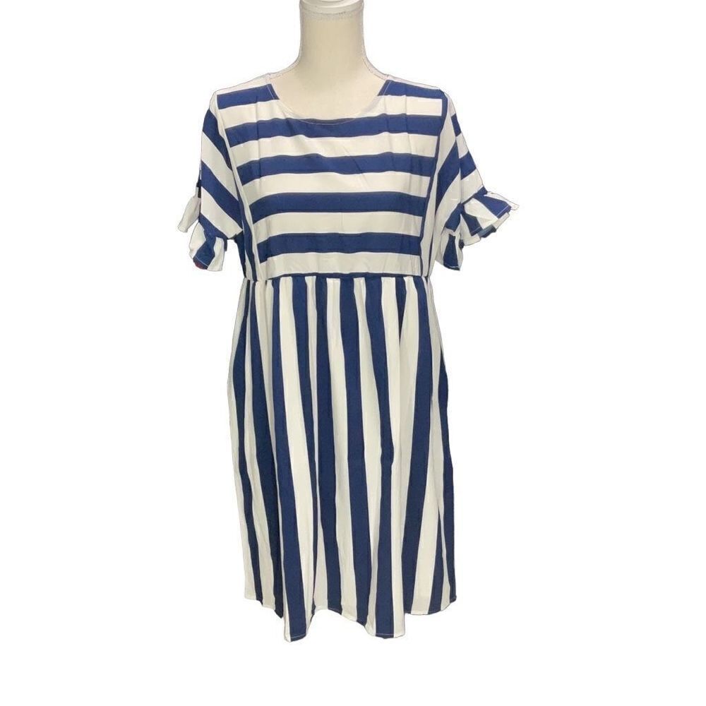 NWT Anna-kaci California Poly Blend Blue White Stripe Dress Fit n Flare Size Sm